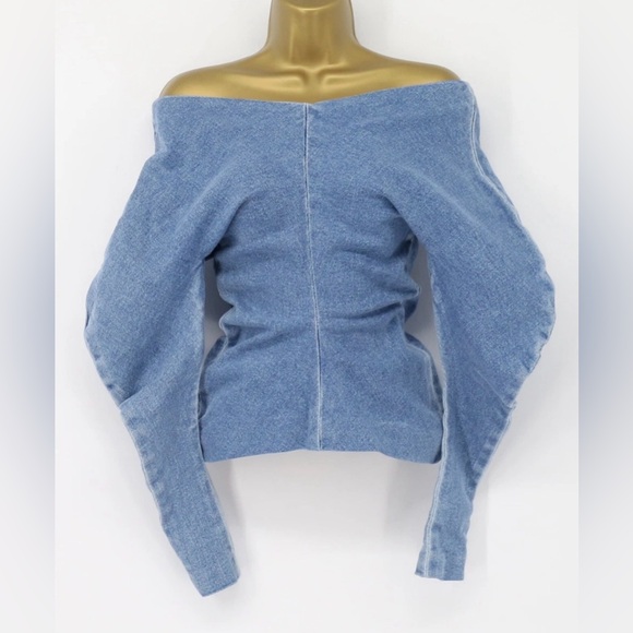 Stylish Off-Shoulder Blue Sweater - Picture 4 of 4